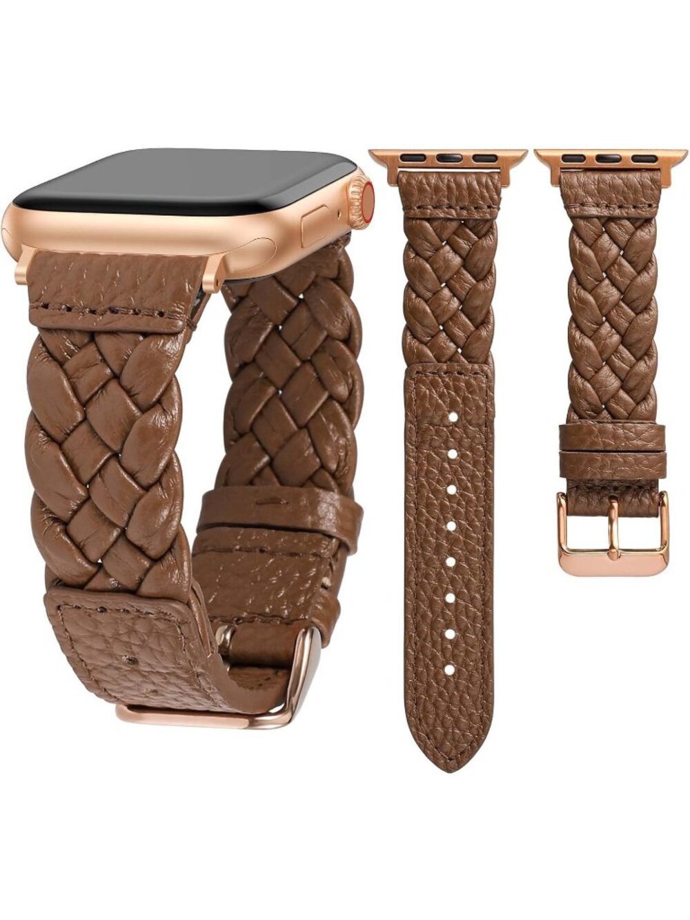 Women's Brown/Rose Gold Braided Leather Strap Compatible with Apple Wrist Watch